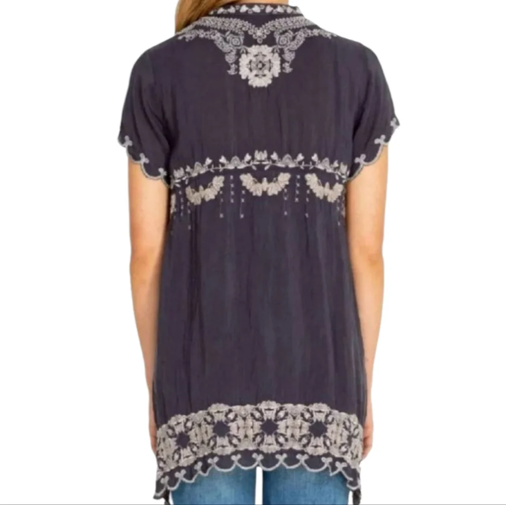 JOHNNY WAS Fletcher Embroidered Tunic Top Blue Grey Oversized Small - Picture 3 of 12